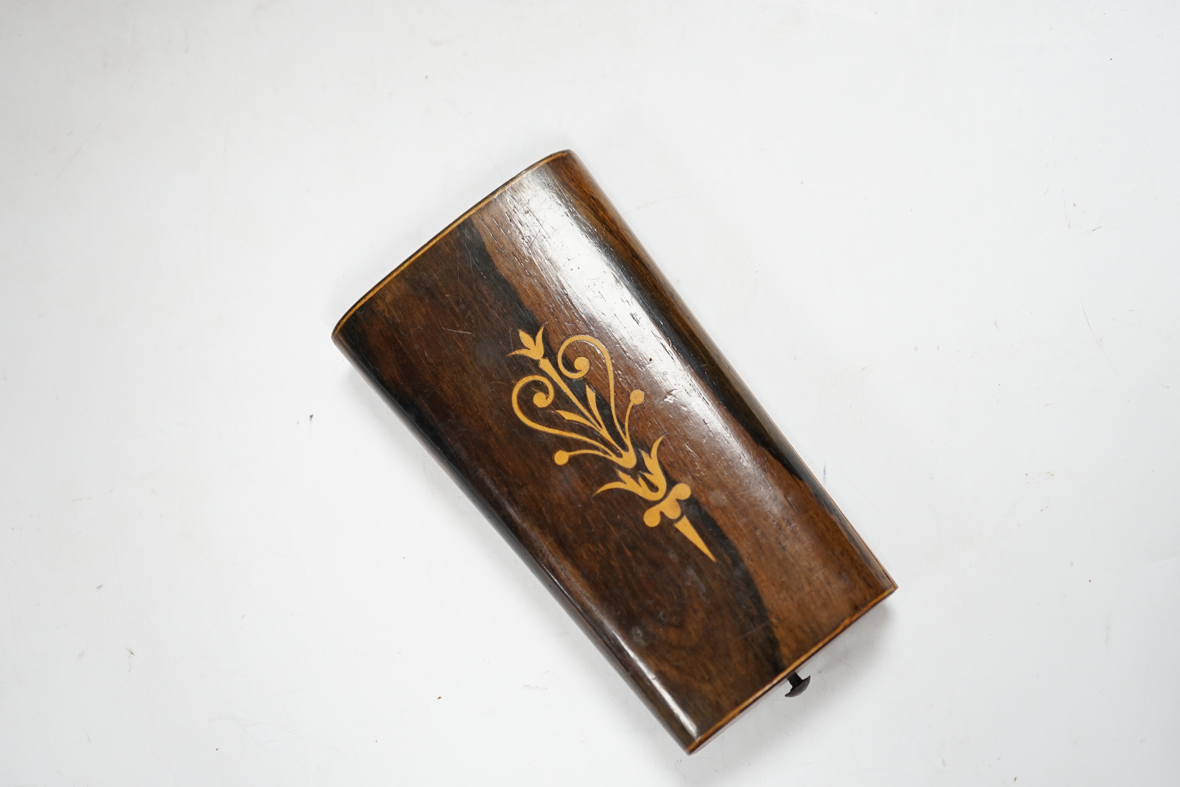 A French four piece yellow metal (18ct poincon mark) necessaire, comprising a thimble, pair of mounted scissors, hole maker and needle case, in fitted rosewood case.